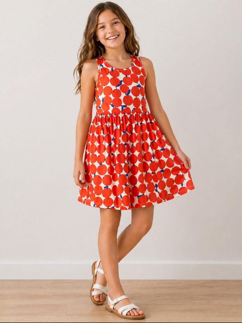 Hanna Andersson Print Dress Girls 12 Skater Racerback orange- Red Fruit